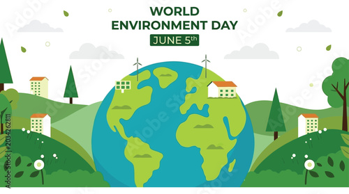 Schilderij op canvas World environment day illustration with globe trees and buildings