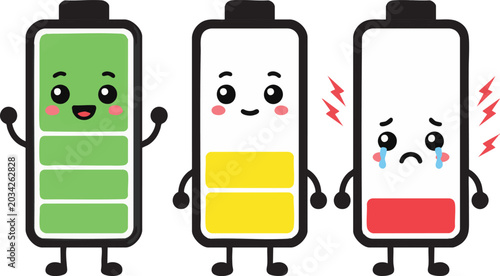 Cute Kawaii Battery Character Set with Different Emotion Levels