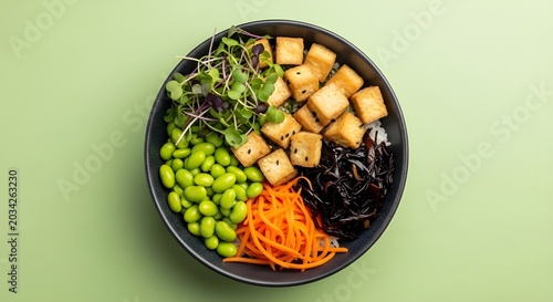Healthy vegan bowl with tofu edamame and microgreens overhead