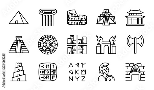 Foto Ancient Civilizations Icons: Pyramids, Colosseum, Temples, Architecture, History