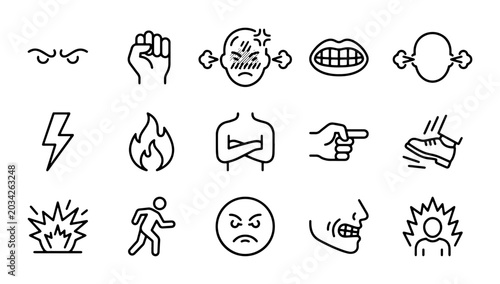 Tableau sur toile Anger Icons Set, Emotion Symbols, Rage, Frustration, Aggression, Stress, 15 Vect
