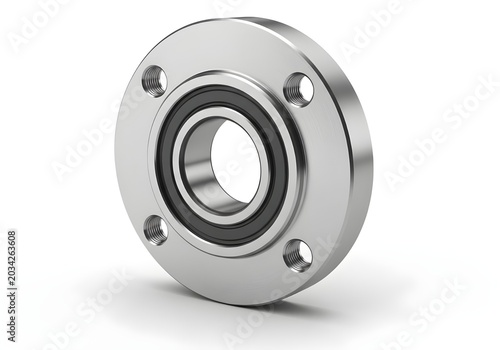 Flange mounted ball bearing industrial component isolated on white