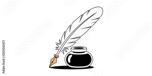 Cuadro en lienzo A classic still life depicts a dark inkwell alongside a feathered quill pen creating a striking silhouette, Classic quill pen and inkwell illustration, symbolizing traditional writing and historical
