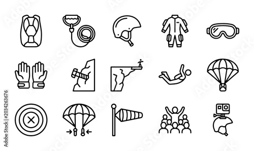 Bild auf Leinwand Skydiving and Extreme Sports Icons Set, Parachute, Jumpsuit, Helmet, Goggles, Ve