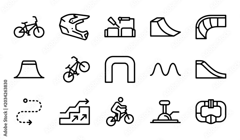 Fototapeta premium BMX Bike Icons, Extreme Sports Equipment, and Obstacle Elements. Vector Set.