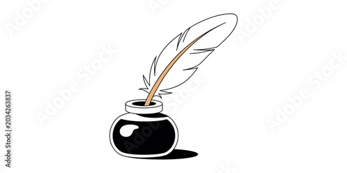 Fotografie A classic still life depicts a dark inkwell alongside a feathered quill pen creating a striking silhouette, Classic quill pen and inkwell illustration, symbolizing traditional writing and historical