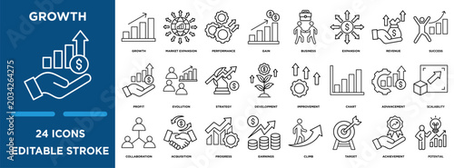 Growth icon collection set. Containing design market expansion, performance, gain,expansion, revenue, and success icon. simple line vector editable
