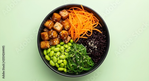 Healthy buddha bowl with tofu black rice edamame and seaweed