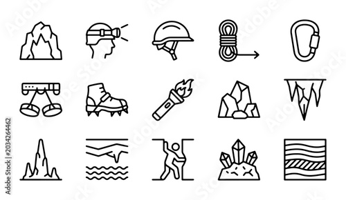 Schilderij op canvas Caving Equipment Icons, Speleology Gear Set, Adventure Sports Vector Graphics, O
