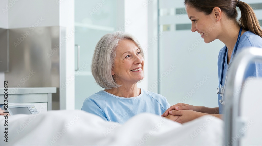Obraz premium Caring nurse supporting happy patient in hospital room for healthcare blogs, medical websites, patient care articles, and nursing education materials