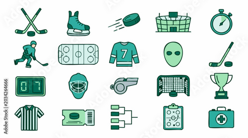 Photography Ice Hockey Equipment and Game Elements Flat Design Icon Set
