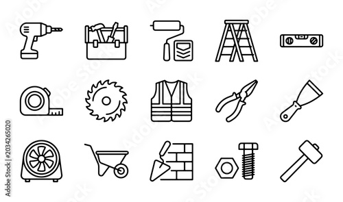 Konstfotografi Construction Tools Icons Set, DIY Home Renovation Vector Graphics, Building Supp