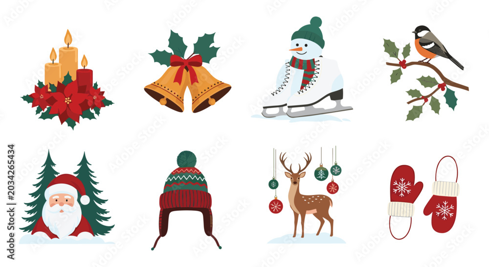Fototapeta premium Collection of traditional Christmas holiday elements and winter season icons including Santa Claus reindeer mittens ice skates and golden bells.