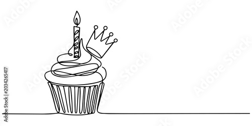 Fotografie cake with a crown and lit candle continuous one line drawing, Single line drawing of a cupcake with a crown and lit candle, minimalist birthday celebration, Decorated table with cake with king crown