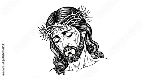 Tableau sur toile Jesus Christ with Crown of Thorns, Religious Drawing, Black and White