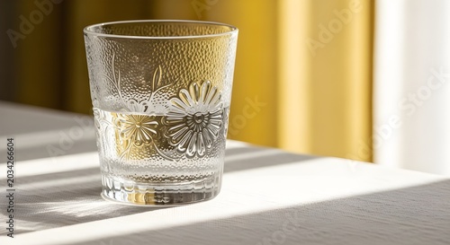Elegant floral glassware with water golden accents and sunlight