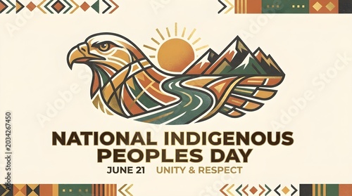 Modern Editorial Poster Illustration for National Indigenous Peoples Day Featuring Eagle Sun River and Mountain Abstract Geometric Indigenous Motifs with Earthy Gold Accents