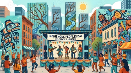 Illustrated Urban Indigenous Peoples Day Celebration in Canadian City – Vibrant Contemporary Artwork Featuring Music, Dance Performances, Murals, and Skyscrapers Blended with Nature Motifs