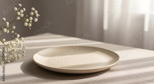 Neutral ceramic dinner plate with baby's breath flower arrangement