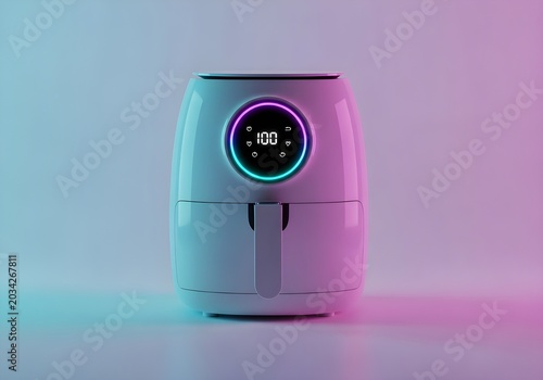 Modern white air fryer with digital display on gradient background