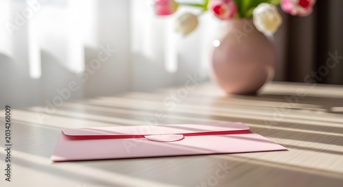 Pink envelope with tulips in vase soft sunlight interior scene
