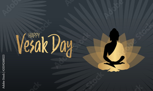 Photos Happy Vesak Day Greeting Banner with Buddha Silhouette on Golden Lotus