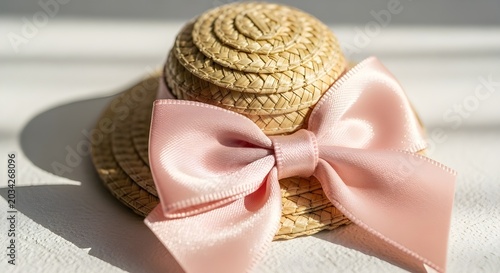 Miniature straw sun hat with pink bow close up studio lighting