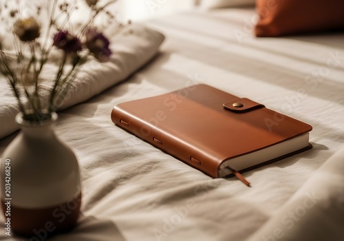 Leather journal and dried flowers on white linen bedding