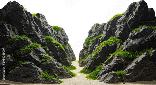 Serene Aquatic Landscape Mossy Rocks Sandy Path Nature Scene