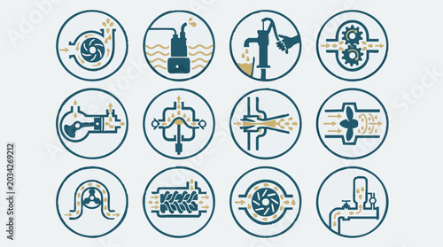 Schilderij op canvas Set of various pump types and fluid dynamics icons for engineering processes