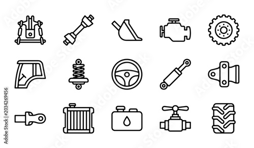 Foto Tractor Parts Icons Set, Agricultural Machinery Components, Vehicle Mechanics Ve