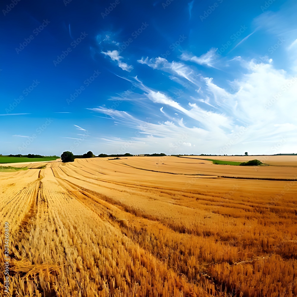 Fototapeta premium Golden wheat field under a vast blue sky