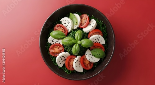 Caprese salad presentation fresh tomatoes mozzarella and basil in black bowl