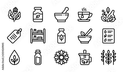 Foto Herbal Medicine Icons Set, Natural Remedies, Pharmacy, Wellness, Healthcare Vect