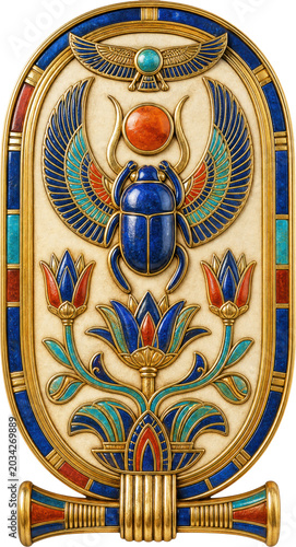 Ancient Egyptian Cartouche with Scarab and Lotus isolated on transparent background