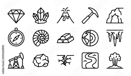 Bild auf Leinwand Geology Icons Set: Diamond, Crystals, Volcano, Hammer, Cave, Compass, Fossil, Go