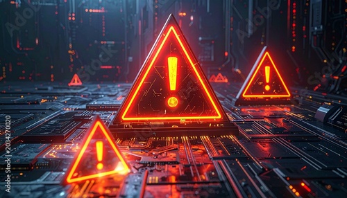 Glowing red triangular warning signs with exclamation marks, futuristic digital environment, hovering above dark circuit surface, cyber alert, danger, system error, cybersecurity threat visualization.