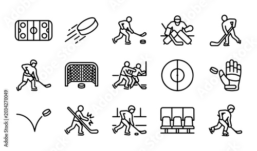Photography Ice Hockey Icons Set: Action, Equipment, and Arena Elements for Sports Graphics