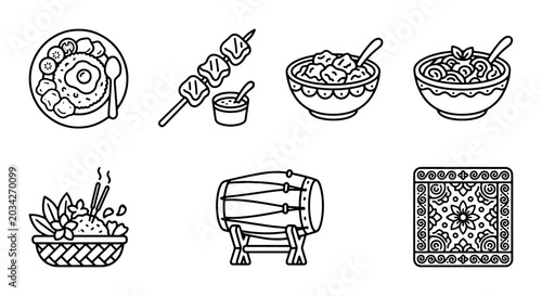 Foto Asian Food Icons Set, Traditional Cuisine Vector Graphics, Culinary Elements Col