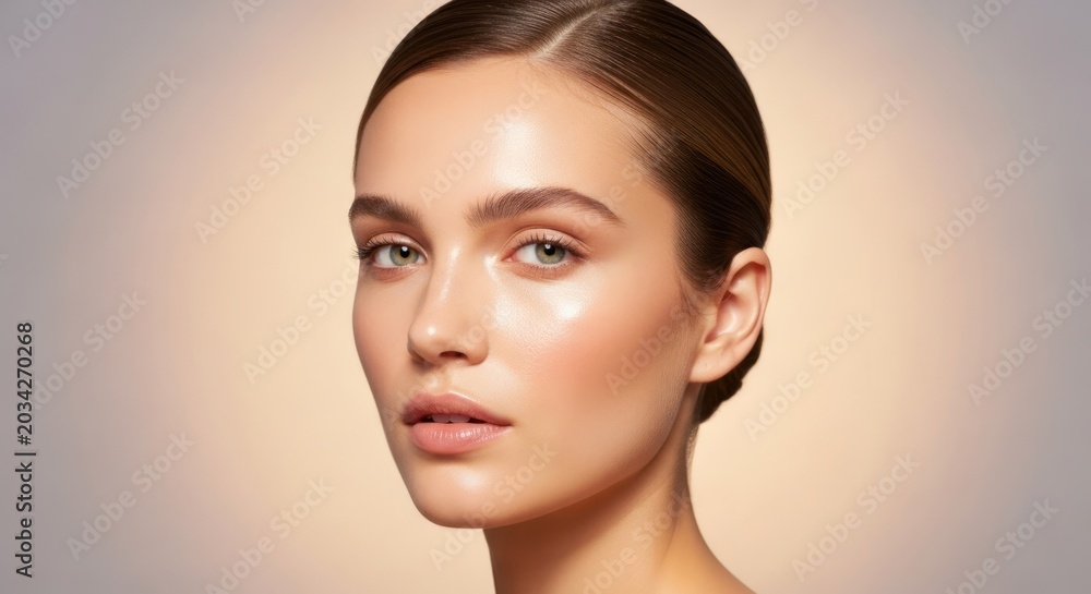 Naklejka premium A woman with a sleek, updo hairstyle, wearing a light-colored top, poses against a gradient background with a soft, warm tone.