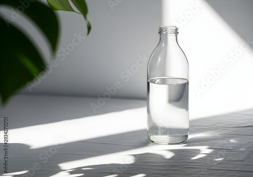 Glass bottle of water with monstera leaf and sunlight minimalist still life