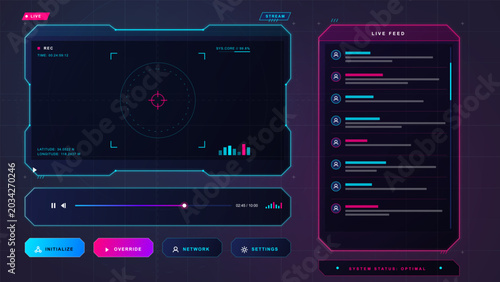 Canvas Print Futuristic live streaming HUD interface with cyan video panel, magenta feed list, playback controls, action buttons and dark digital grid