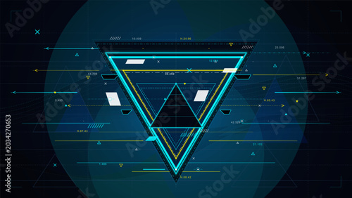 Foto Futuristic inverted triangle HUD interface vector with glowing cyan and yellow o