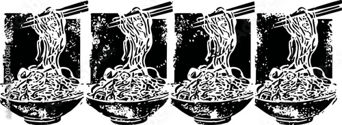 Four bowls of steaming noodles with chopsticks lifting noodles, asian food meal concept