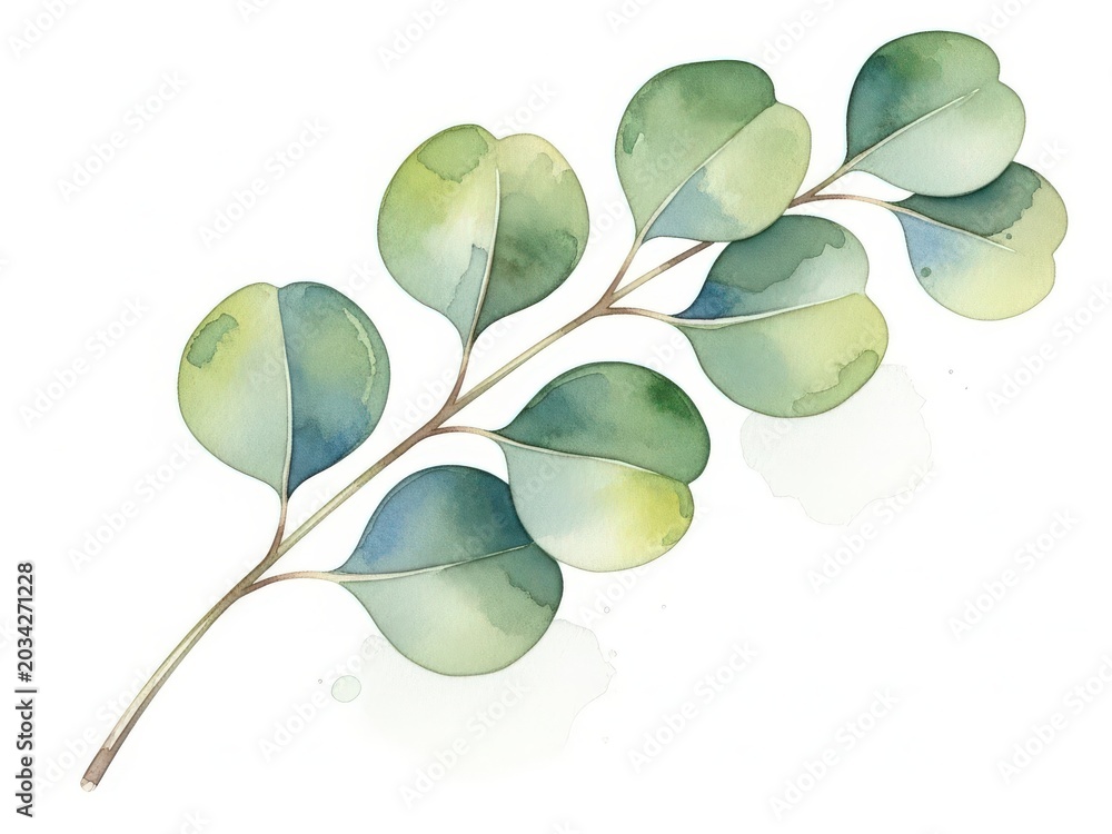 Obraz premium Watercolor of a green eucalyptus branch with round leaves on white