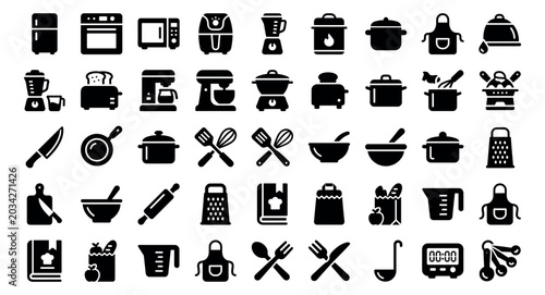 Photos Kitchen solid icons Set – Cooking Appliances and Food Outline Collection