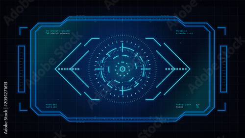 Quadro su tela Futuristic blue targeting interface with glowing circular HUD, angular neon frame, axis markers, status labels, and dark technical grid