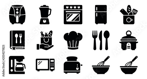Εκτύπωση καμβά Kitchen solid icons Set – Cooking Appliances and Food Outline Collection