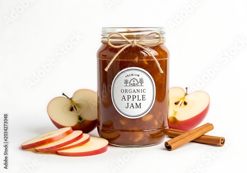 Organic apple jam in glass jar with fresh apples and cinnamon sticks