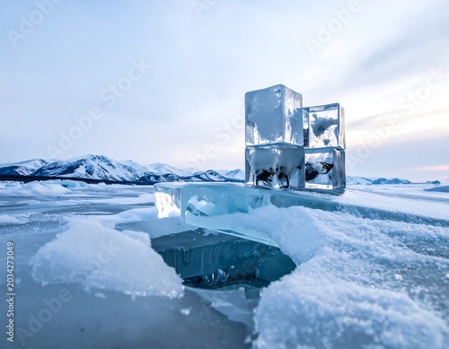 Icy formations on frozen landscape with mountains